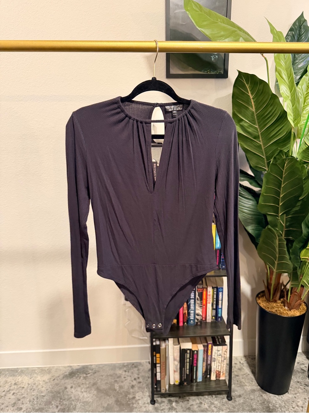 Topshop Ribbed Knit Bodysuit in Charcoal Grey - Size Medium/ US 8